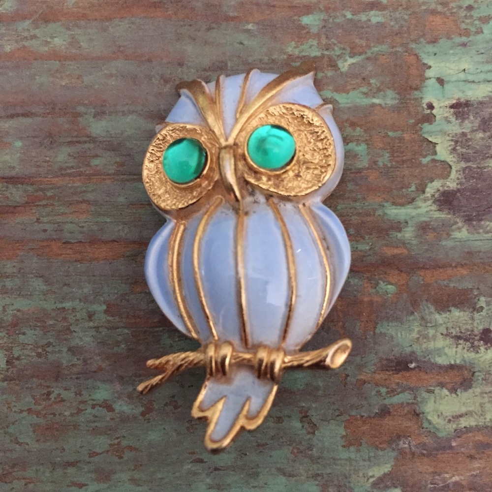 Vintage Periwinkle Blue Enameled Owl Brooch Pin